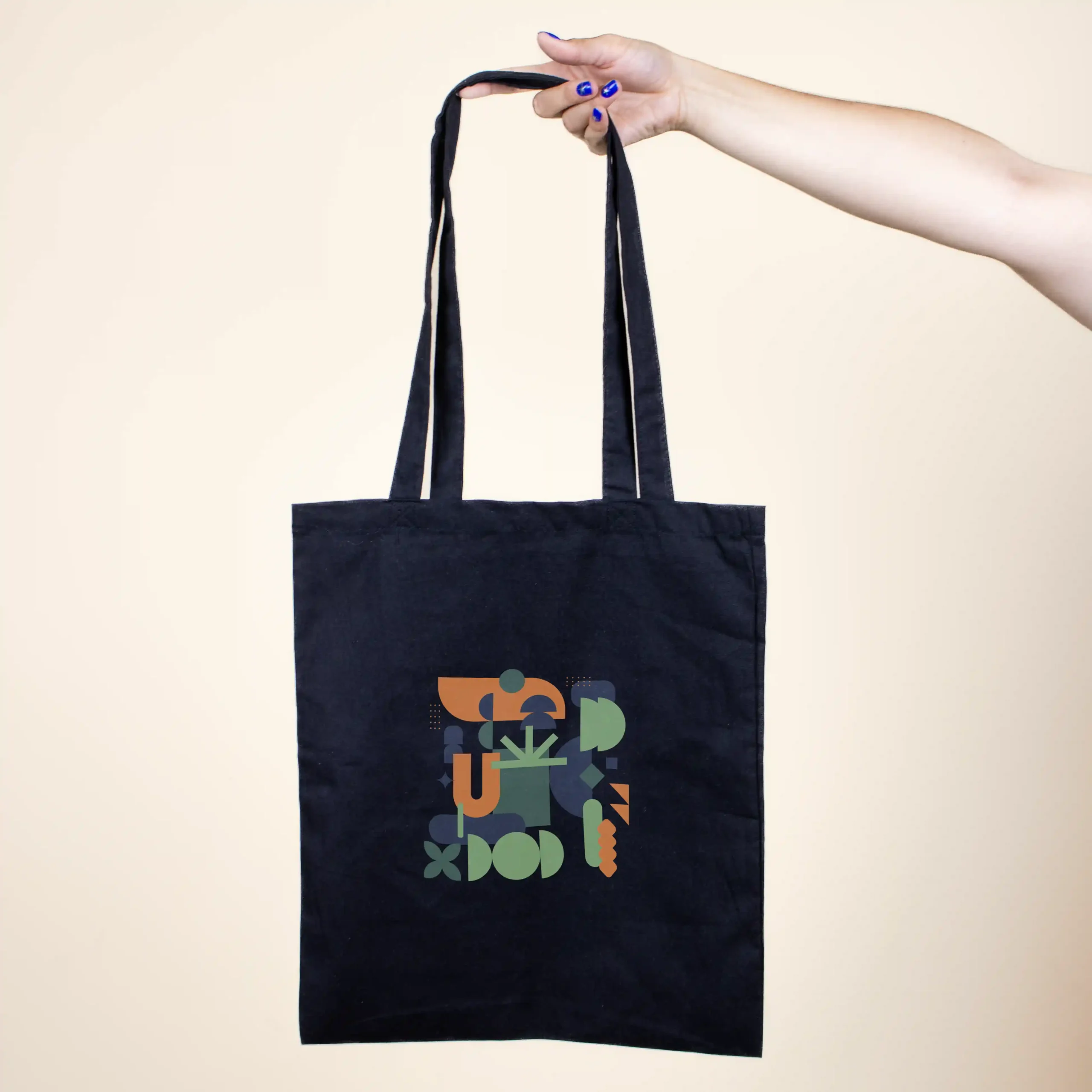 MIRLA: Black organic cotton tote bag, 180 gsm.