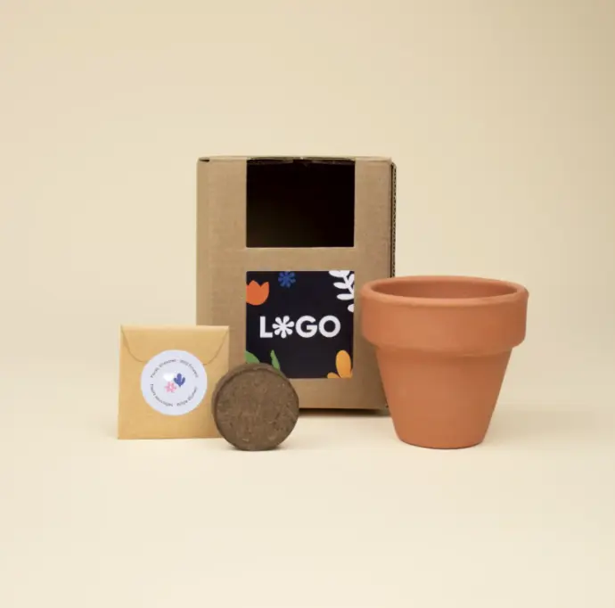 COCOT: Kit plantable de barro en caja de cartón. Personalización de la pegatina a todo color.
