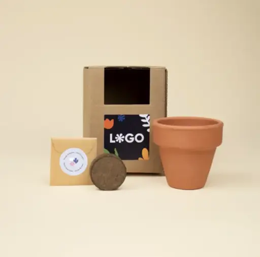COCOT: Kit de plantation d’argile. Boîte en carton avec autocollant blanc. Impression en quadri